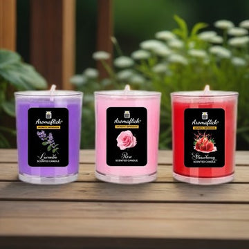 Pack of 3 Scented Glass Candles – Lavender, Rose & Strawberry Fragrances for Home & Gifting