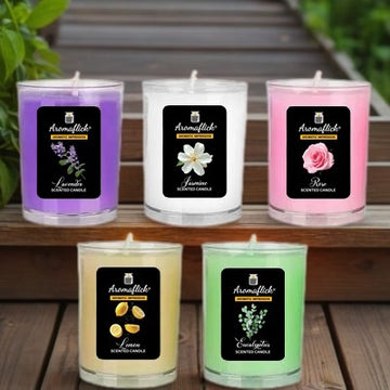 Pack of 5 Scented Glass Candles – Lavender, Rose, Jasmine, Lemon & Eucalyptus Fragrances