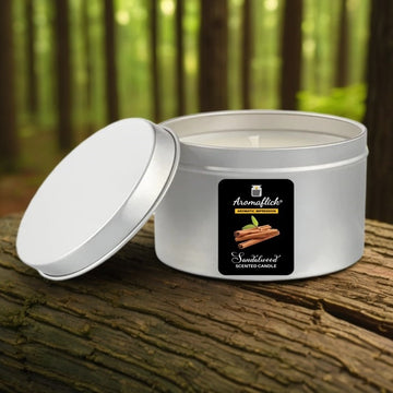 Sandalwood Scented Candle in Silver Tin – Smooth, Woody Aroma
