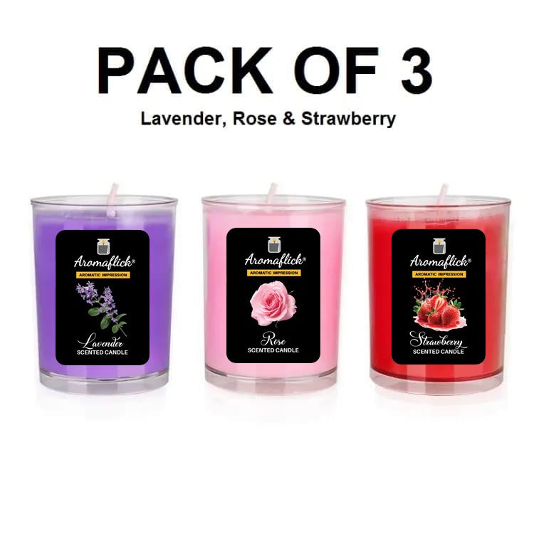 Pack of 3 Scented Glass Candles – Lavender, Rose & Strawberry Fragrances for Home & Gifting