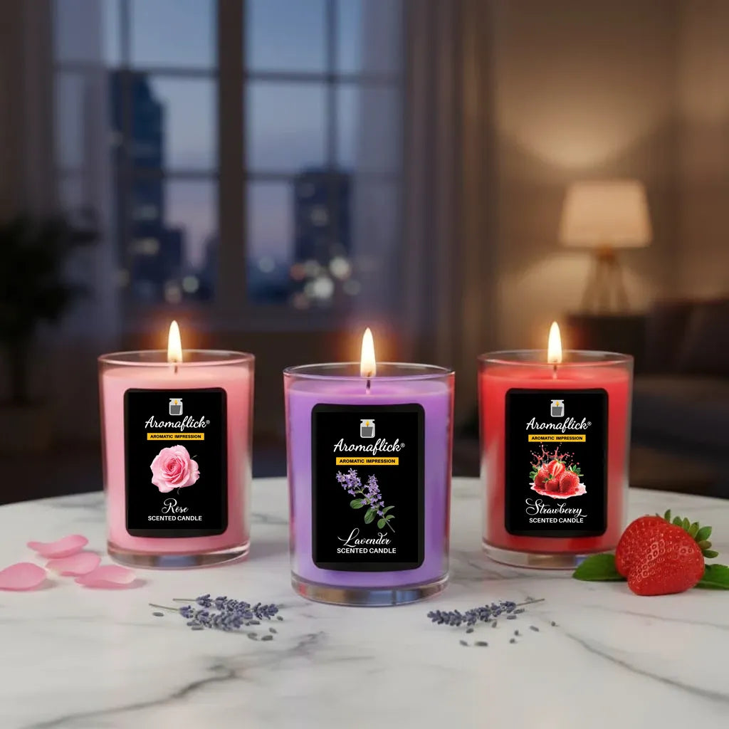 Pack of 3 Mini Glass Scented Candles – Lavender, Rose & Strawberry Fragrances for Home & Gifting
