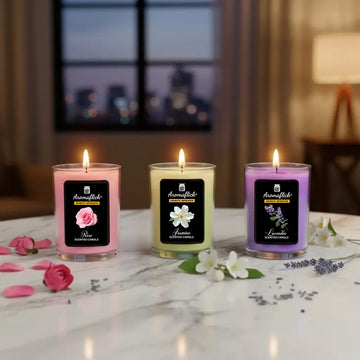 Pack of 3 Mini Glass Scented Candles – Lavender, Rose & Jasmine Fragrances for Home & Gifting