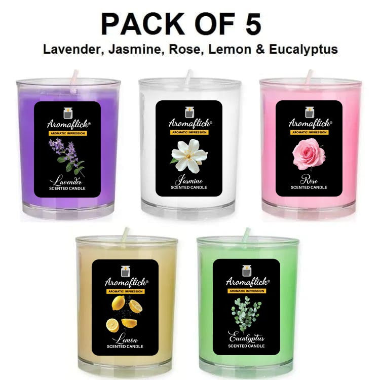 Pack of 5 Scented Glass Candles – Lavender, Rose, Jasmine, Lemon & Eucalyptus Fragrances