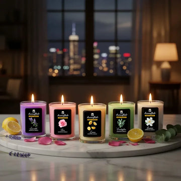 Pack of 5 Mini Glass Scented Candles – Lavender, Rose, Jasmine, Lemon & Eucalyptus Fragrances