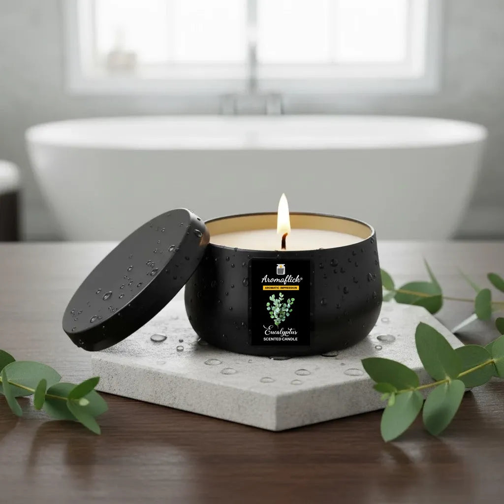 Eucalyptus Scented Candle in Black Tin – Fresh & Calming Aroma