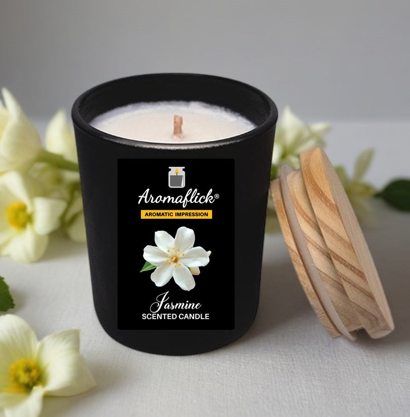 Jasmine Candle in Black Glass – Soothing Floral Aroma