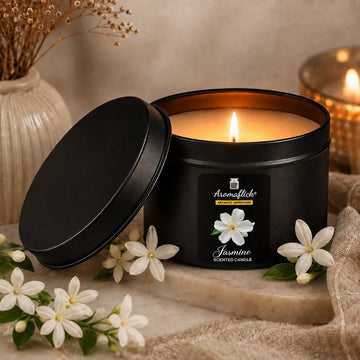 Jasmine Scented Candle in Black Tin – Elegant Floral Aroma
