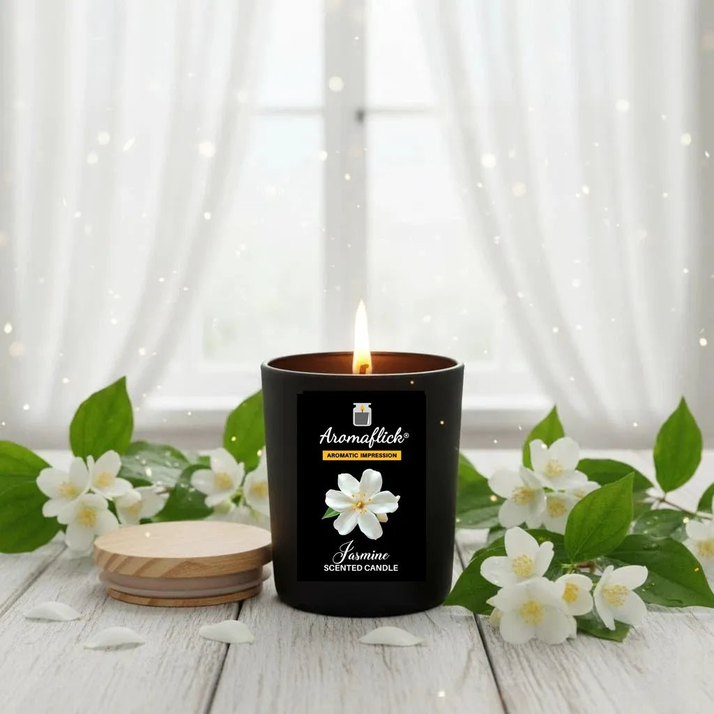 Jasmine Candle in Black Glass – Soothing Floral Aroma