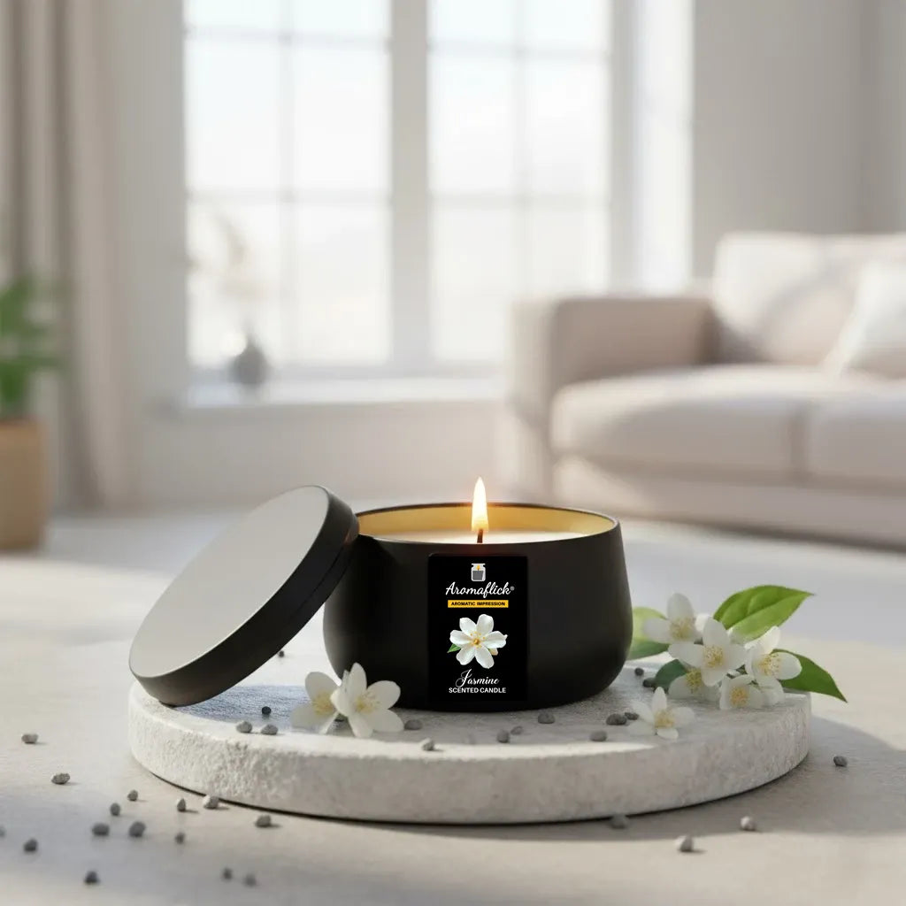 Jasmine Scented Candle in Black Tin – Elegant Floral Aroma