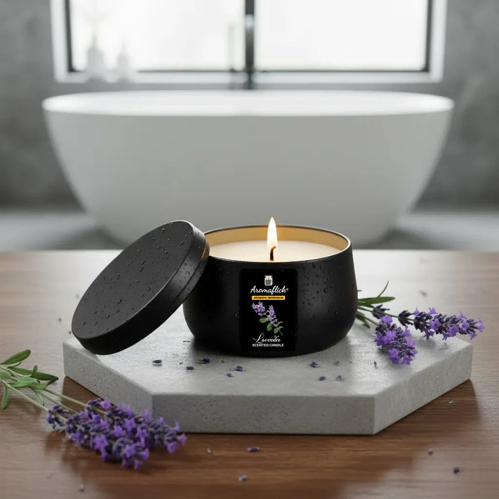 Lavender Scented Candle in Black Tin – Elegant & Calming Aroma