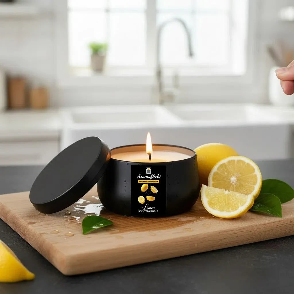 Lemon Scented Candle in Black Tin – Bright & Refreshing Citrus Aroma