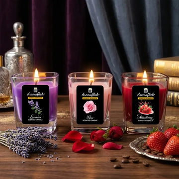 Pack of 3 Mini Glass Scented Candles – Lavender, Rose & Strawberry Fragrances for Home & Gifting