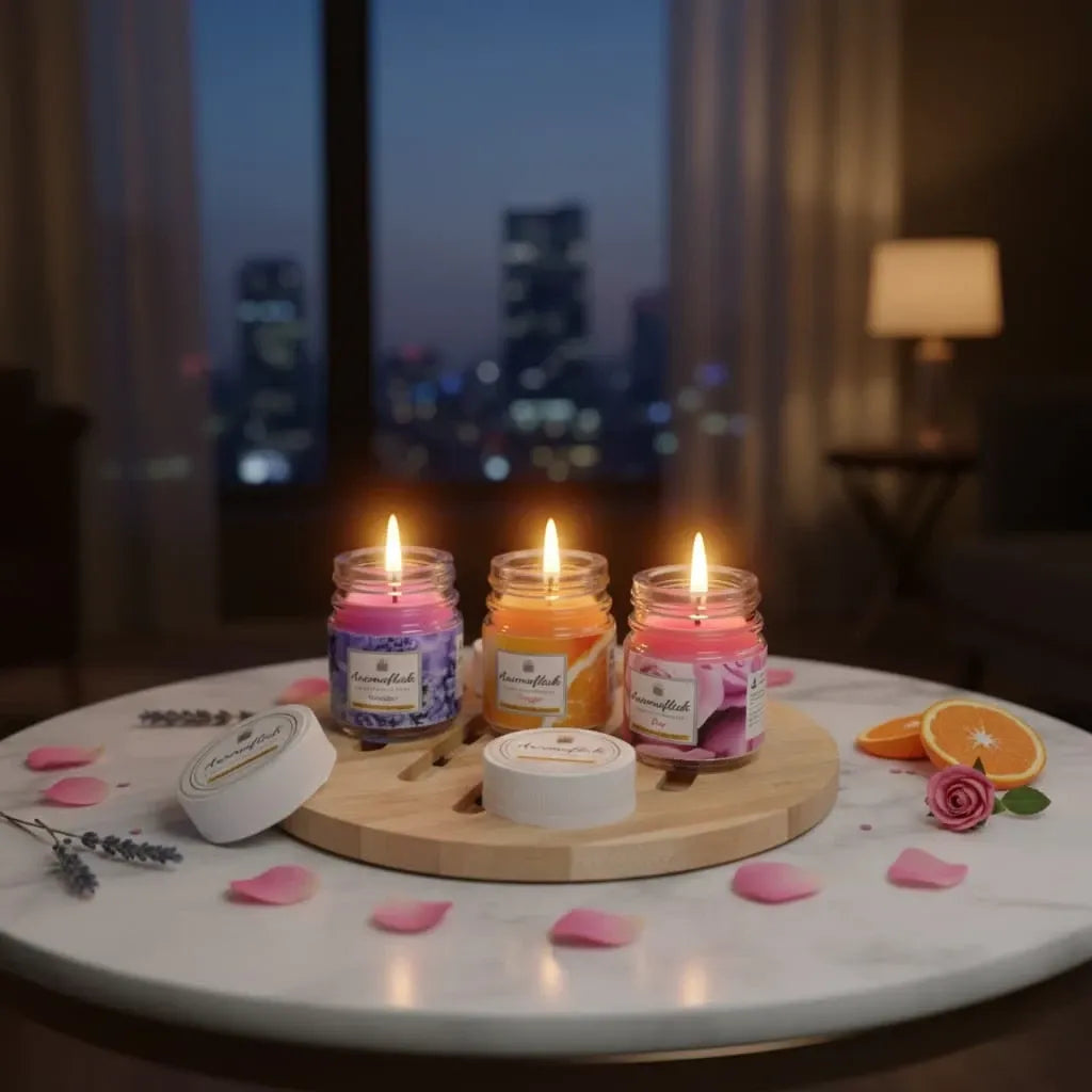 Pack of 3 Mini Glass Jar Scented Candles with Lid – Lavender, Rose & Orange Fragrance
