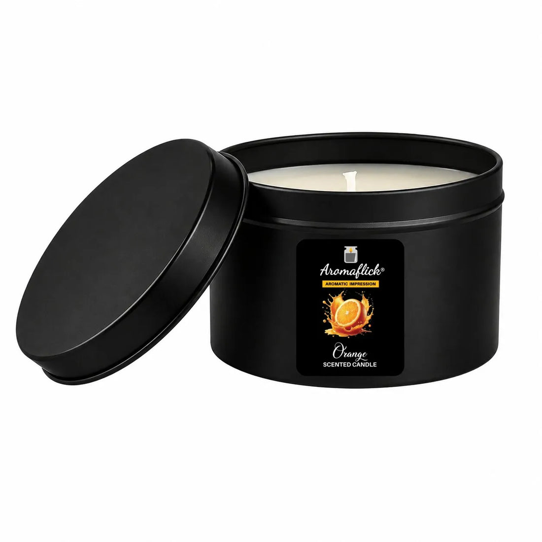 Orange Scented Candle in Black Tin – Bright & Bold
