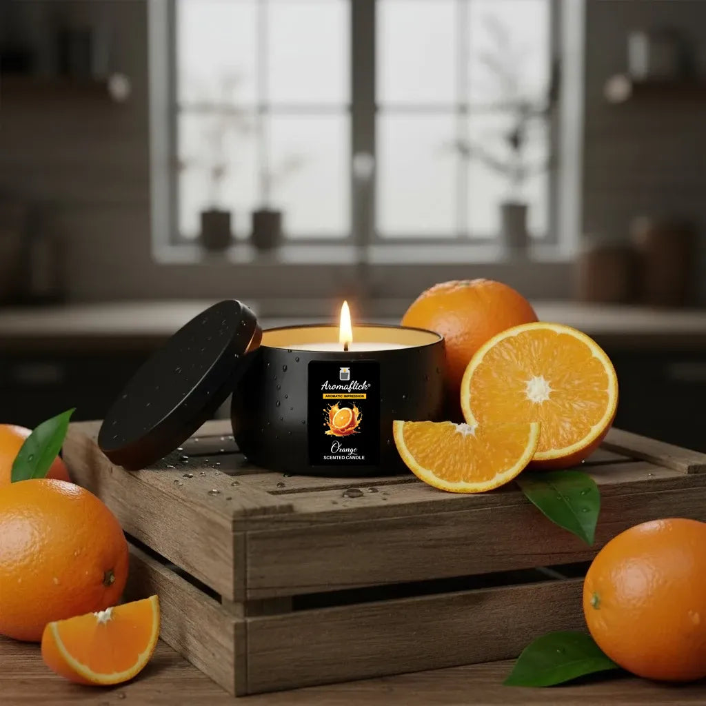 Orange Scented Candle in Black Tin – Bright & Bold