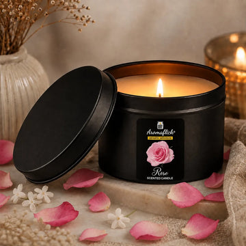 Rose Scented Candle in Black Tin – Elegant & Romantic