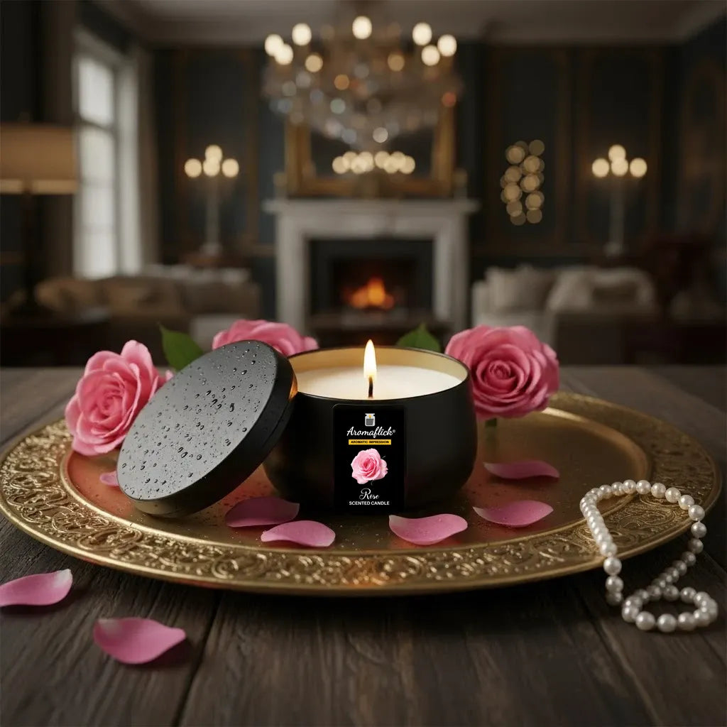 Rose Scented Candle in Black Tin – Elegant & Romantic