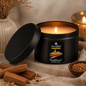 Sandalwood Scented Candle in Black Tin – Warm & Earthy Aroma