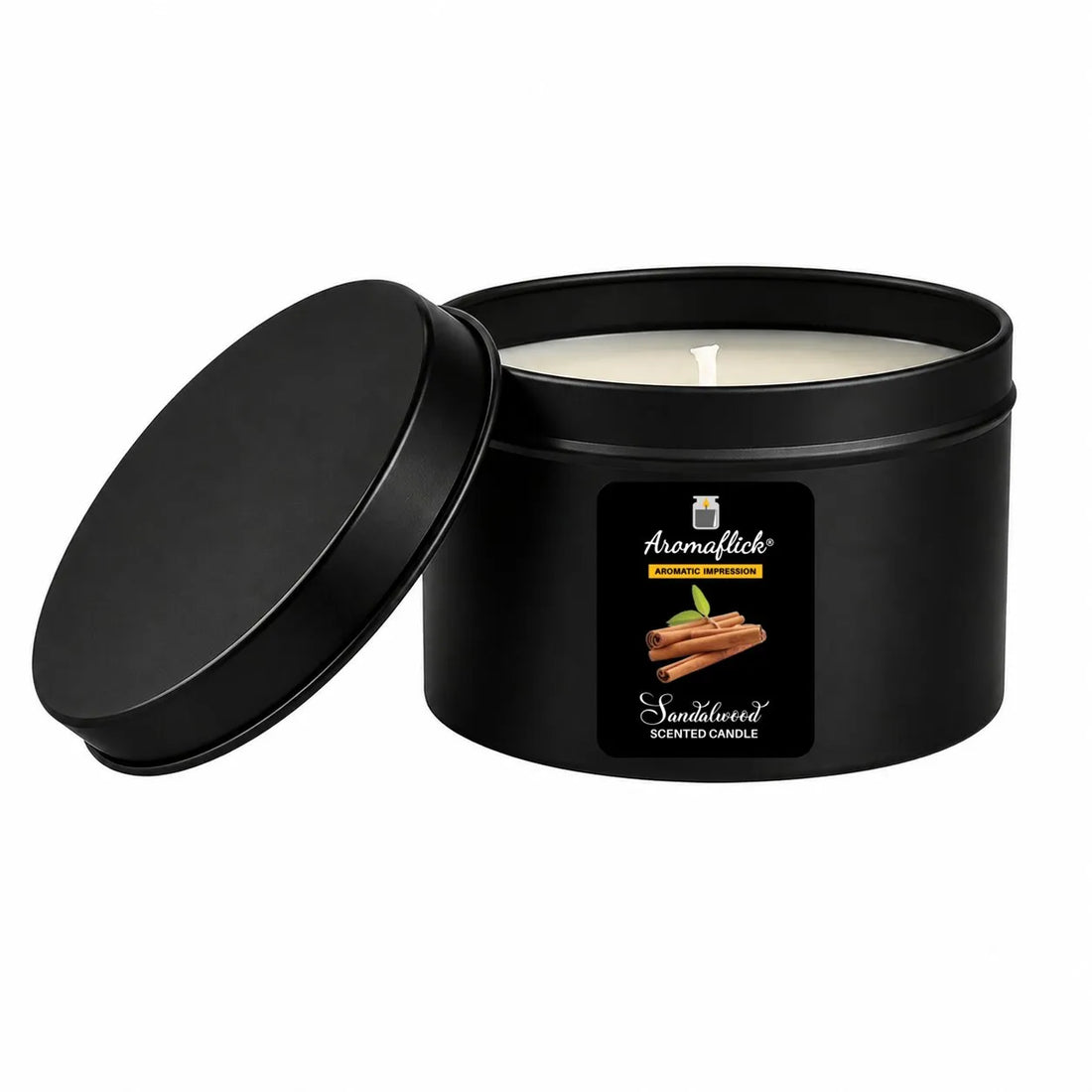 Sandalwood Scented Candle in Black Tin – Warm & Earthy Aroma