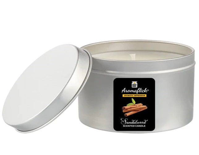 Sandalwood Scented Candle in Silver Tin – Smooth, Woody Aroma