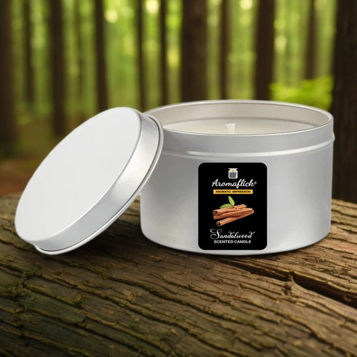 Sandalwood Scented Candle in Silver Tin – Smooth, Woody Aroma