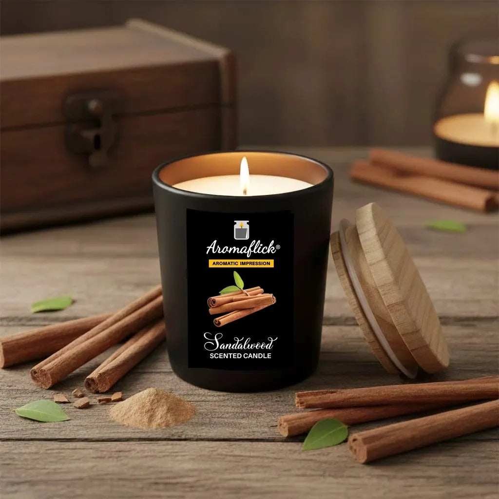 Sandalwood Scented Candle in Black Glass – Bold & Luxurious Aroma