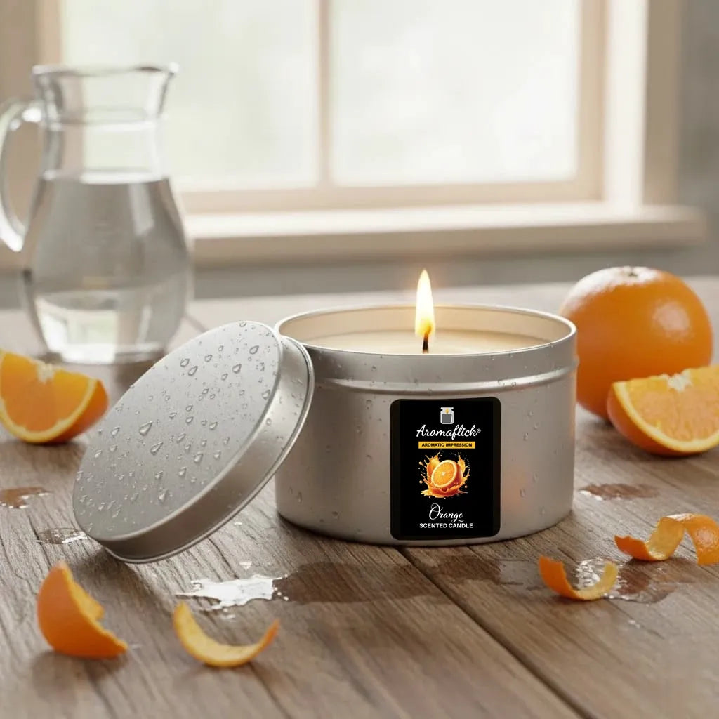 Orange Scented Candle in Silver Tin – Bright & Fresh