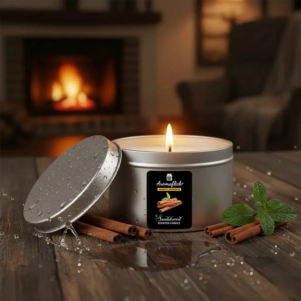 Sandalwood Scented Candle in Silver Tin – Smooth, Woody Aroma