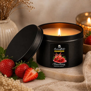 Strawberry Scented Candle in Black Tin – Sweet & Bold