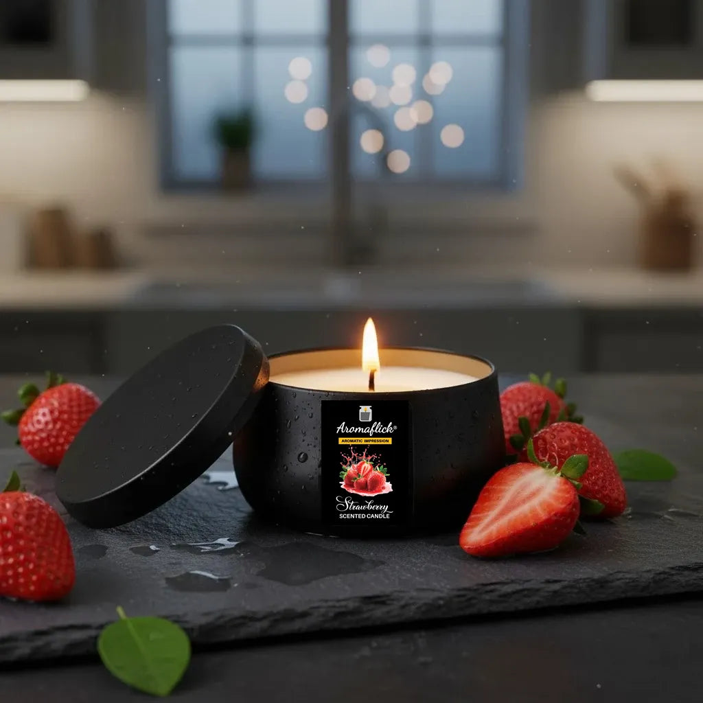 Strawberry Scented Candle in Black Tin – Sweet & Bold