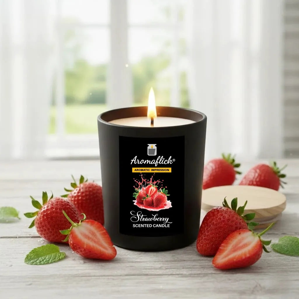 Strawberry Scented Candle in Black Glass – Bold & Sweet