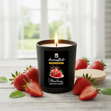 Strawberry Scented Candle in Black Glass – Bold & Sweet