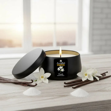 Vanilla Scented Candle in Black Tin – Warm & Cozy